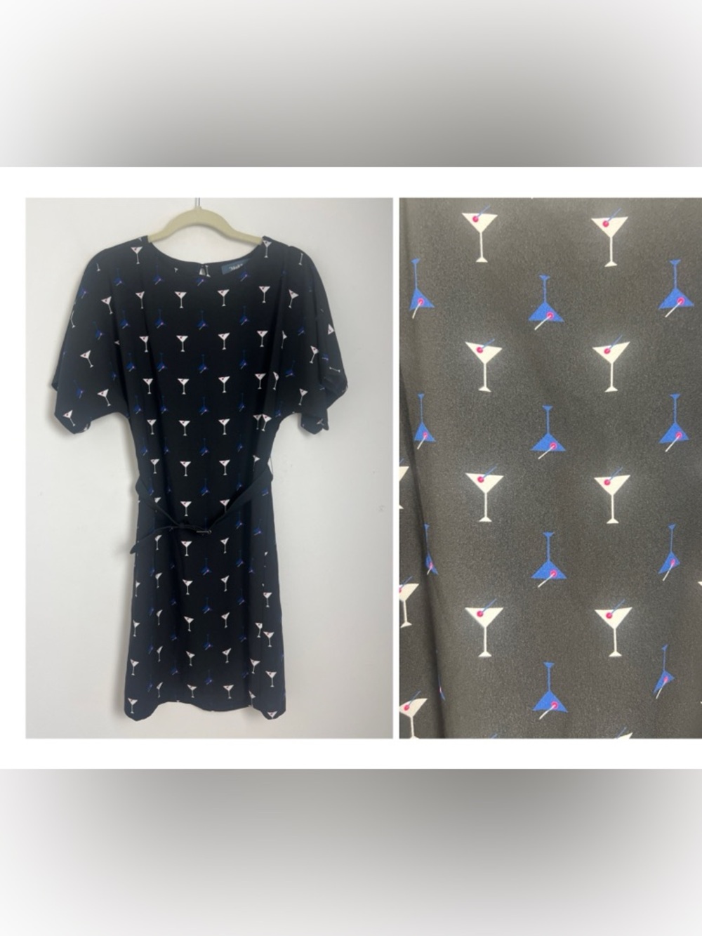 Modcloth Small Just A Little Something Martini Glass‎ Belted Shift Dress Retro